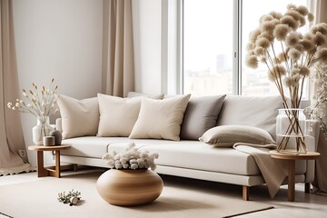 Minimalist composition of living room interior with neutral sofa, design wooden side table, dried flower in vase, pillow, window, decoration and elegant personal accessoires in home decor.  home