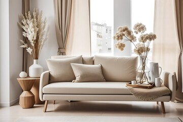 Minimalist composition of living room interior with neutral sofa, design wooden side table, dried flower in vase, pillow, window, decoration and elegant personal accessoires in home decor.  furniture