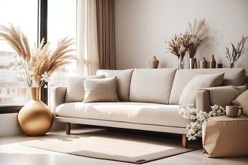 Fototapeta na wymiar Minimalist composition of living room interior with neutral sofa, design wooden side table, dried flower in vase, pillow, window, decoration and elegant personal accessoires in home decor. sofa