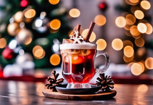 Christmas drink on cafe table with blurred background. High quality photo.