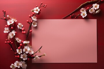 Blank sheet for congratulations with a sakura branch on red background. Congratulatory background