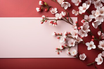 Blank sheet for congratulations with a sakura branch on red background. Congratulatory background