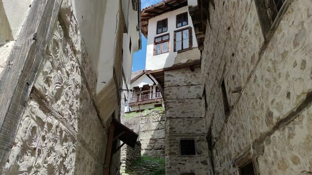 Typical street and old houses in historical town of Melnik, Blagoevgrad region, Bulgaria