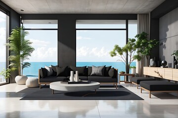 Minimal loft style living room with sea view, there are polished concrete floor decorate with black fabric furniture overlooking terrace behide. luxury