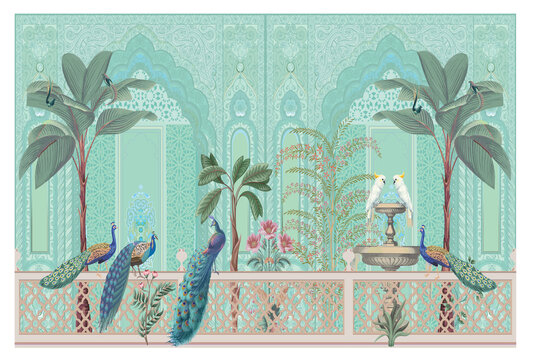 Chinoiseries peacock, Birds Palace garden royal Wallpaper. moroccan decorative garden with peacock frame.