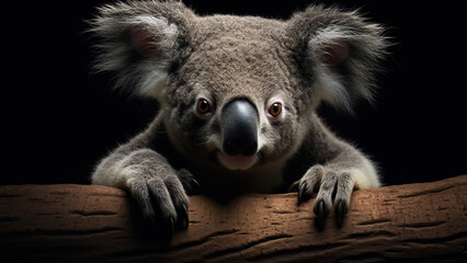 Koala on black background, in the style of contemporary realism portrait.