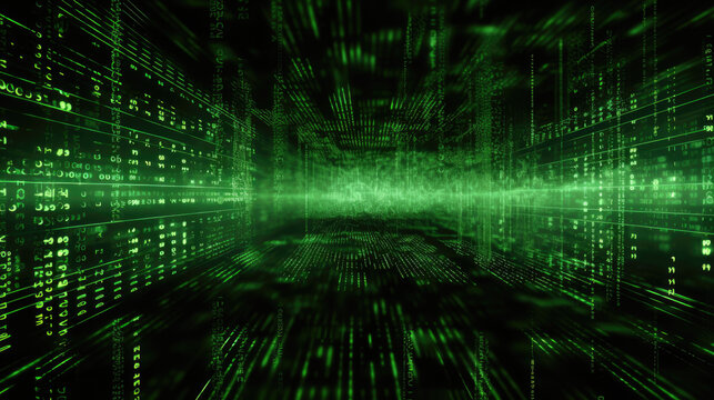 Green digital binary data on computer screen background