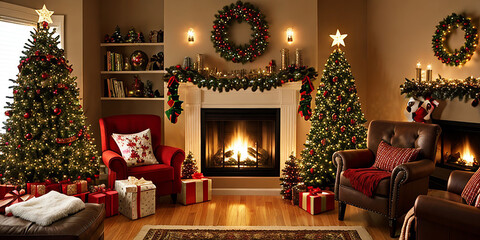 Christmas tree in decorated living room. Family home winter season decoration. Present and gift boxes on Xmas eve.fireplace with Christmas stockings in beautifully decorated living room