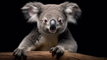 Koala on black background, in the style of contemporary realism portrait