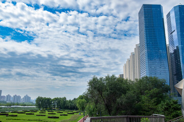 Obraz premium commercial buildings under blue sky horizontal composition