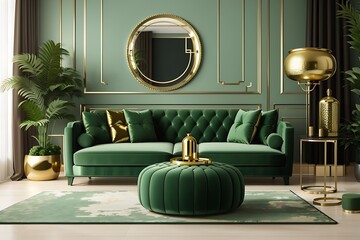 Luxury living room in house with modern interior design, green velvet sofa, coffee table, pouf, gold decoration, plant, lamp, carpet, mock up poster frame and elegant accessories. decor