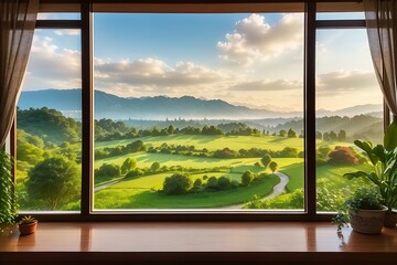 landscape nature view background. view from window at a wonderful landscape nature view. garden