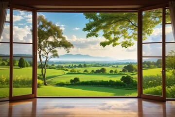 landscape nature view background. view from window at a wonderful landscape nature view. indoor