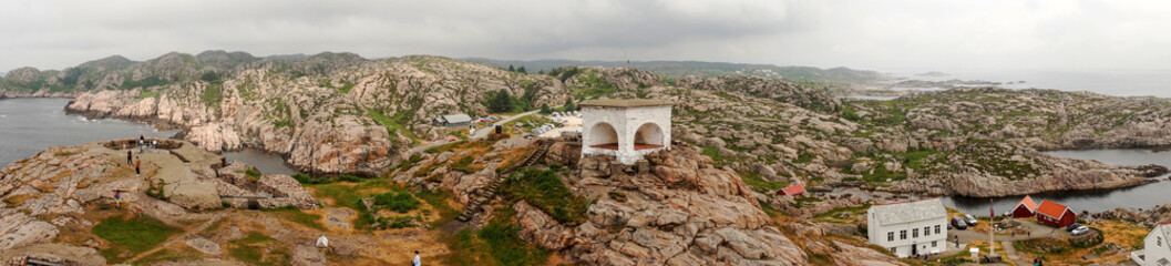 Panorama. Landscape and houses at Lindesnes lighthouse on the south coast of Norway
