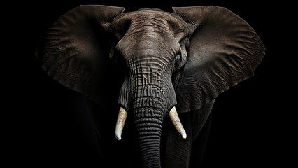 Elephant on black background, in the style of contemporary realism portrait.