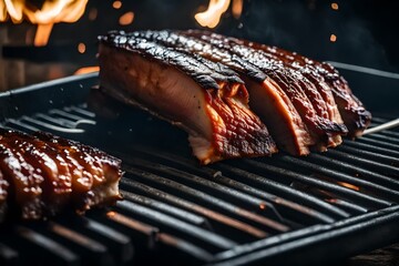 ﻿A picture of yummy BBQ ribs close, with a blurry and stunning background.. AI Generated