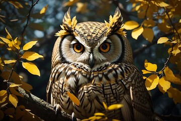 deep woods at night, majestic owl perched on a tree branch. feathers