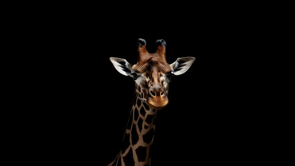 Giraffe on black background, in the style of contemporary realism portrait.