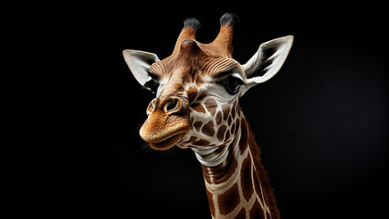 Giraffe on black background, in the style of contemporary realism portrait