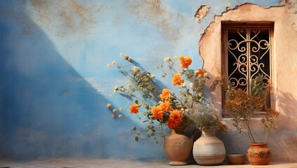 a mediterranean house with potted flowers