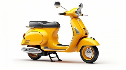 Isolated yellow retro vintage scooter on white background. Personal transportation in the modern era. A classic motor scooter from the side. Step Through Frame Electric Motorcycle.