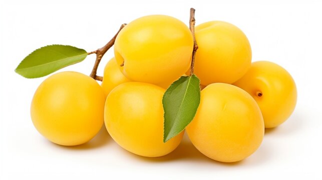 Yellow plums against a white background