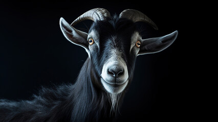 Goat on black background, in the style of contemporary realist portrait