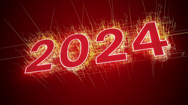 Video animation - abstract neon light in red with the numbers 2024 - represents the new year - holiday concept.