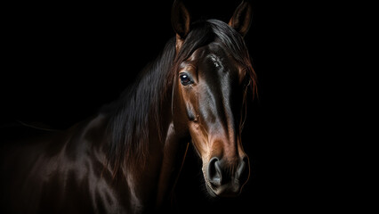 Horse on black background, in the style of contemporary realist portrait.