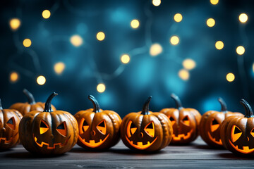 Halloween background illustration featuring a vibrant palette of blue and orange pumpkins. Ai generated