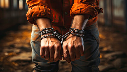 hands of a prisoner in an orange robe in chains close-up, loss of freedom concept