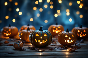 Halloween background illustration featuring a vibrant palette of blue and orange pumpkins. Ai generated