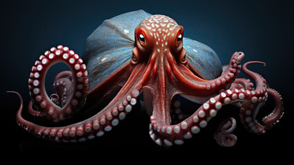 Octopus on black background, in the style of contemporary realist portrait.