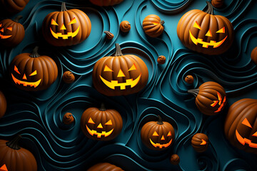 Halloween background illustration featuring a vibrant palette of blue and orange pumpkins. Ai generated
