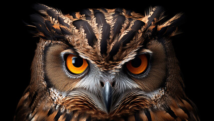 Owl on black background, in the style of contemporary realism portrait