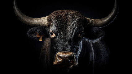 Ox on black background, in the style of contemporary realism portrait