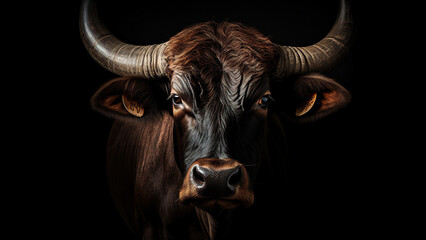 Naklejka premium Ox on black background, in the style of contemporary realism portrait