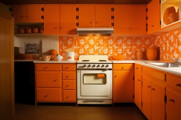 Retro orange kitchen. Dinning set. Generate Ai - obrazy, fototapety, plakaty