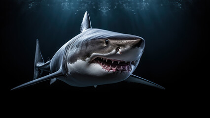 Shark on black background, in the style of contemporary realism portrait