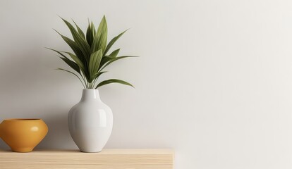 Mockup of a white wall with a green plant and vase, copy space on the right. Copy space for text, advertising, message, logo