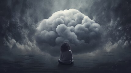 A depressed person infront of dark clouds.generative ai
 - obrazy, fototapety, plakaty