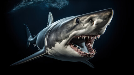 Fototapeta premium Shark on black background, in the style of contemporary realism portrait.