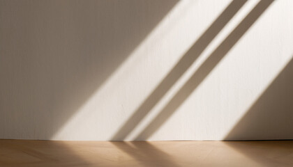 Aesthetic geometric sunlight shadows on white textured wall and beige wooden floor, empty template...