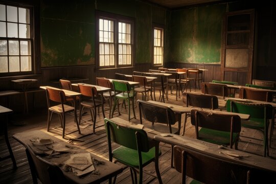 Empty classroom with vintage tone wooden chairs