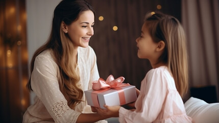 Happy mother receiving a gift from her daughter in living room - Mother's day concept - Powered by Adobe