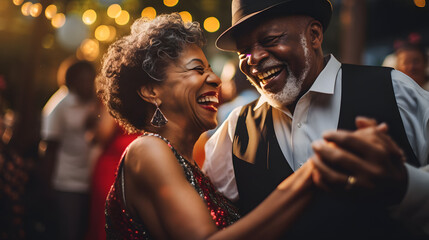 An elderly couple dancing at a party, eternal love and trust. - obrazy, fototapety, plakaty