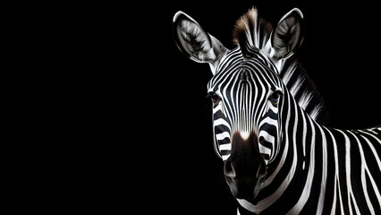 Zebra on black background, in the style of contemporary realism portrait.