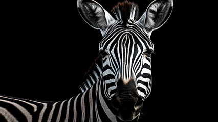 Zebra on black background, in the style of contemporary realism portrait