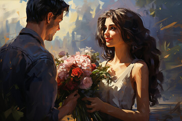 Moment romance as a dapper man offers a bouquet of exquisite flowers to a stunning and gracious lady. Ai generated