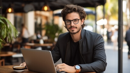 Online Freelance Job: Happy Man with Laptop in a Stylish Coffee Shop, Remote Work